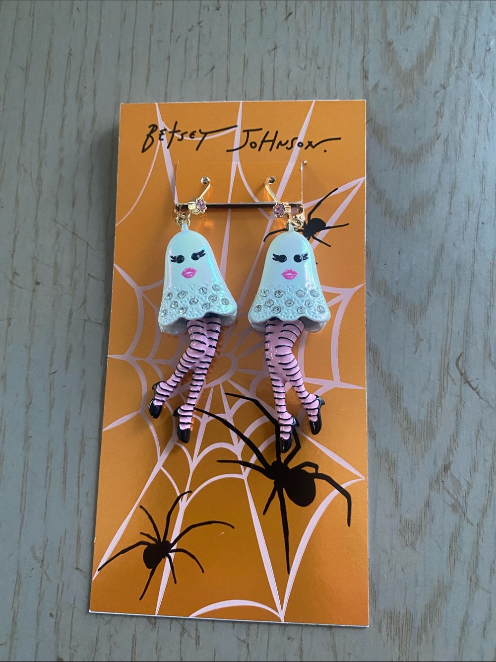 Betsey Johnson White Ghost Earrings with Pink & Black Striped Legs